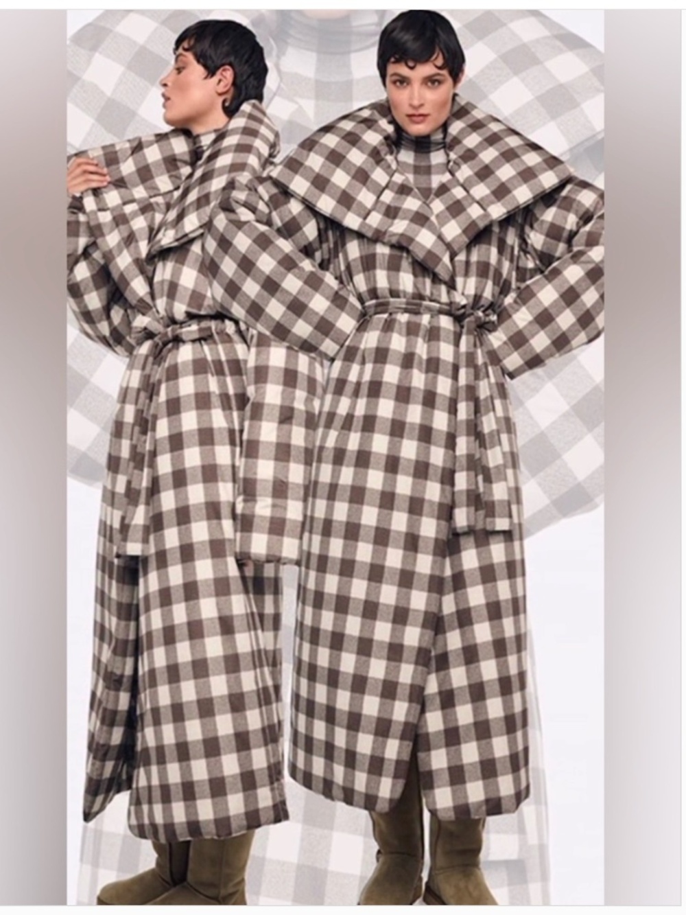 Norma Kamali Brown and Cream Checked Maxi Coat